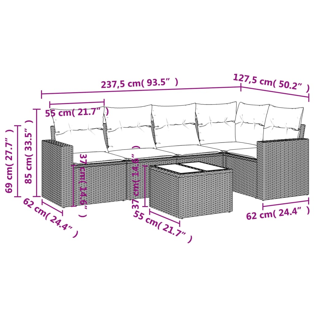 6-tlg. Garten-Sofagarnitur mit Kissen Hellgrau Poly Rattan