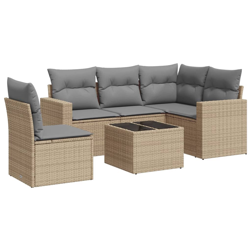 6-tlg. Garten-Sofagarnitur mit Kissen Beige Poly Rattan