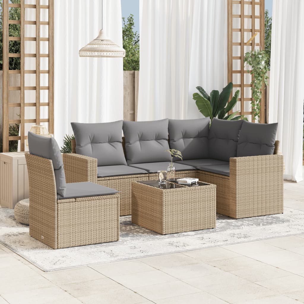 6-tlg. Garten-Sofagarnitur mit Kissen Beige Poly Rattan