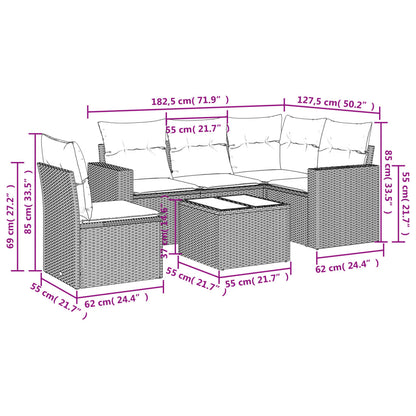 6-tlg. Garten-Sofagarnitur mit Kissen Hellgrau Poly Rattan