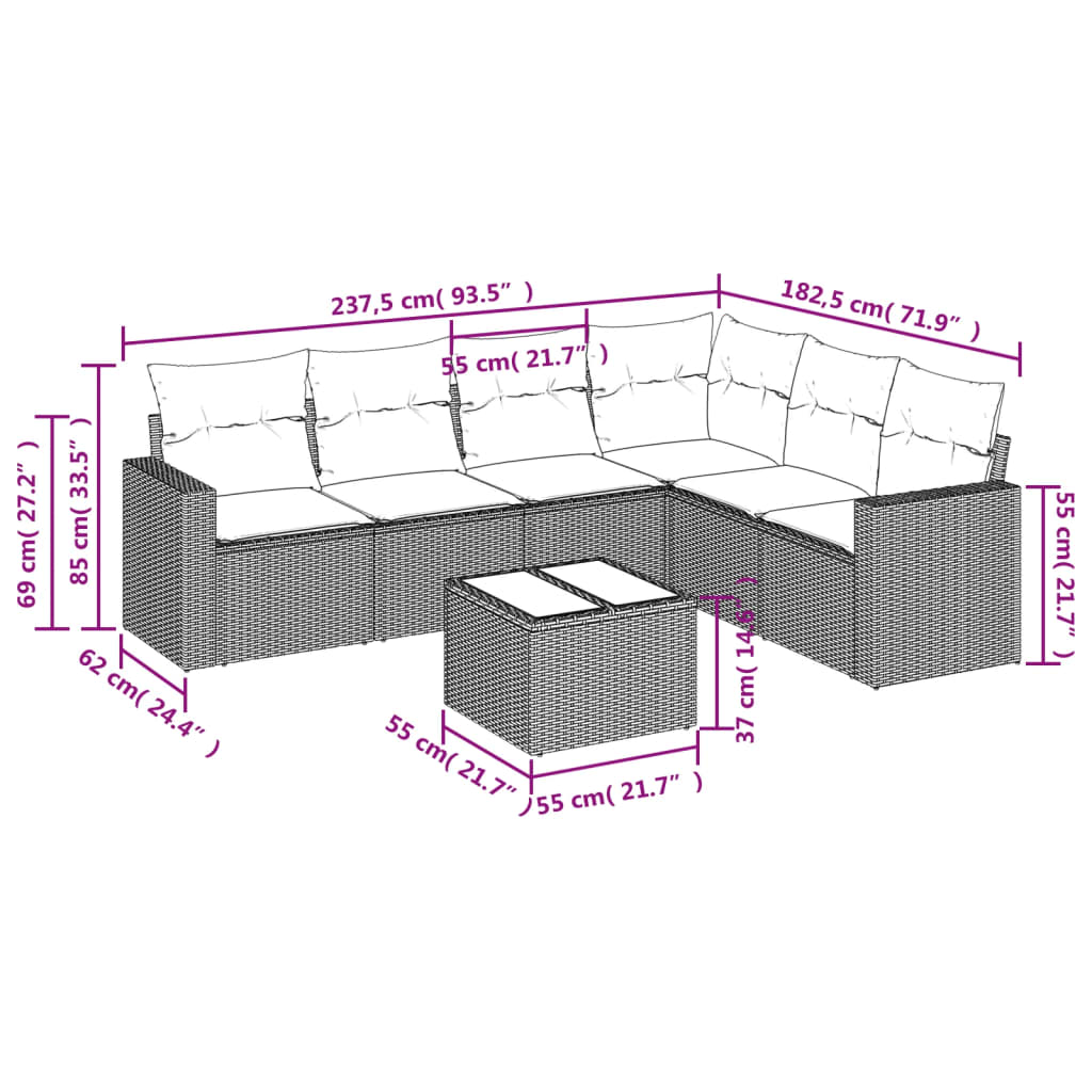 7-tlg. Garten-Sofagarnitur mit Kissen Beige Poly Rattan