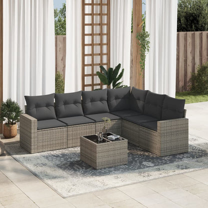 7-tlg. Garten-Sofagarnitur mit Kissen Grau Poly Rattan