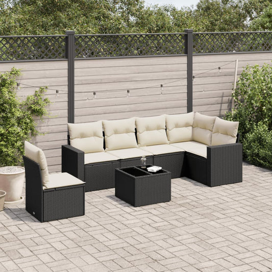 7-tlg. Garten-Sofagarnitur mit Kissen Schwarz Poly Rattan