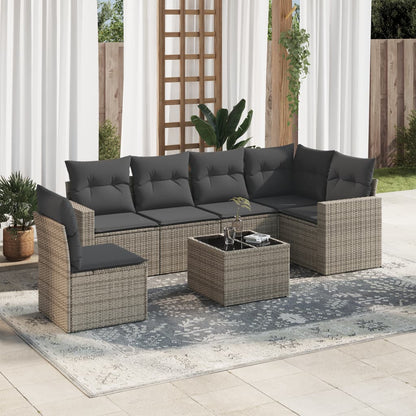 7-tlg. Garten-Sofagarnitur mit Kissen Grau Poly Rattan