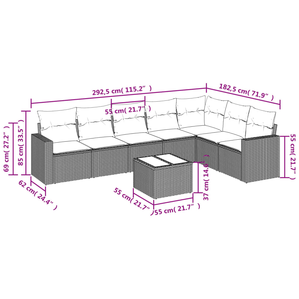 8-tlg. Garten-Sofagarnitur mit Kissen Schwarz Poly Rattan