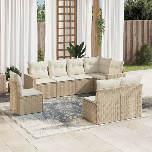 8-tlg. Garten-Sofagarnitur mit Kissen Beige Poly Rattan