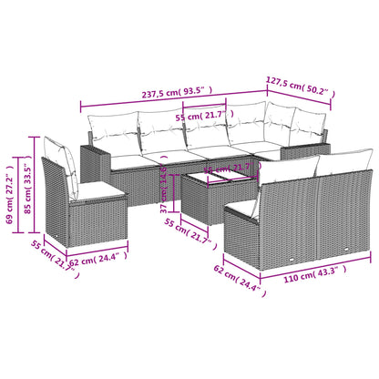 9-tlg. Garten-Sofagarnitur mit Kissen Beige Poly Rattan