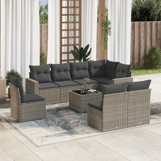 9-tlg. Garten-Sofagarnitur mit Kissen Grau Poly Rattan