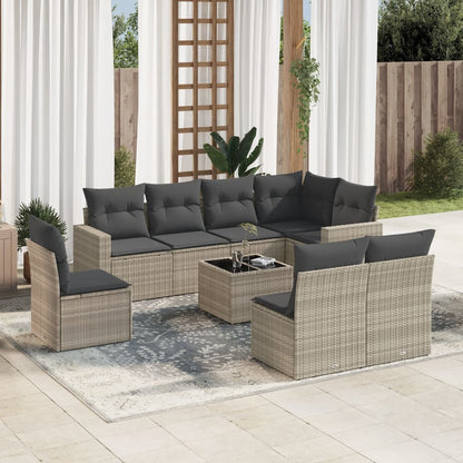 9-tlg. Garten-Sofagarnitur mit Kissen Hellgrau Poly Rattan