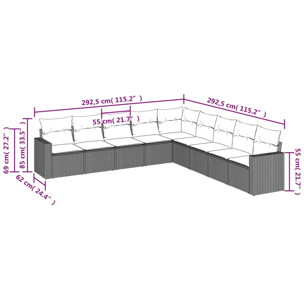 9-tlg. Garten-Sofagarnitur mit Kissen Hellgrau Poly Rattan