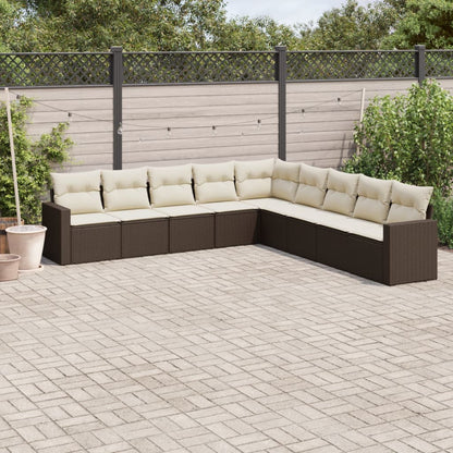 9-tlg. Garten-Sofagarnitur mit Kissen Braun Poly Rattan