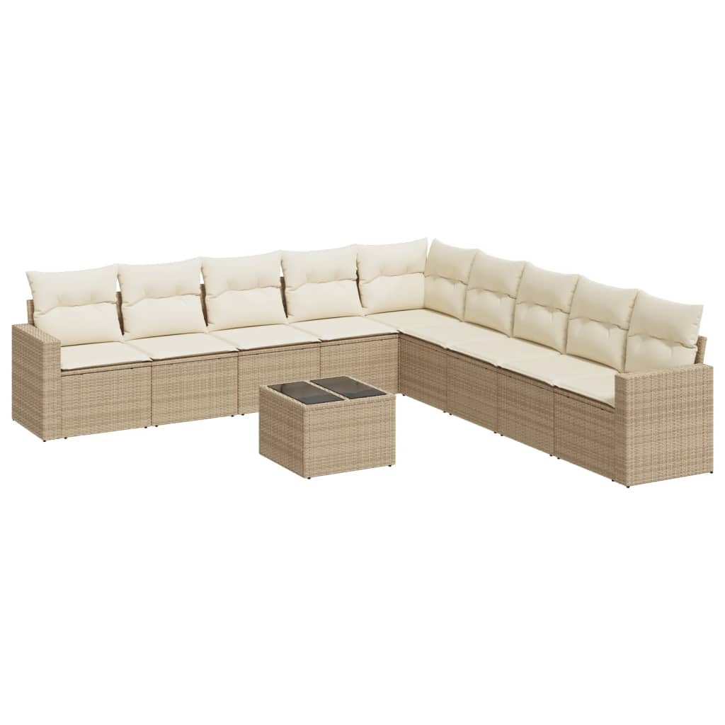 10-tlg. Garten-Sofagarnitur mit Kissen Beige Poly Rattan