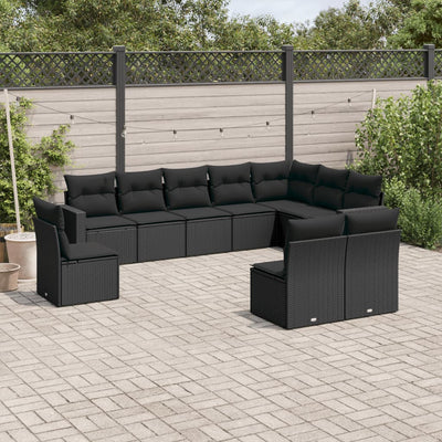 10-tlg. Garten-Sofagarnitur mit Kissen Schwarz Poly Rattan