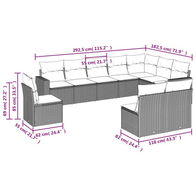 10-tlg. Garten-Sofagarnitur mit Kissen Grau Poly Rattan