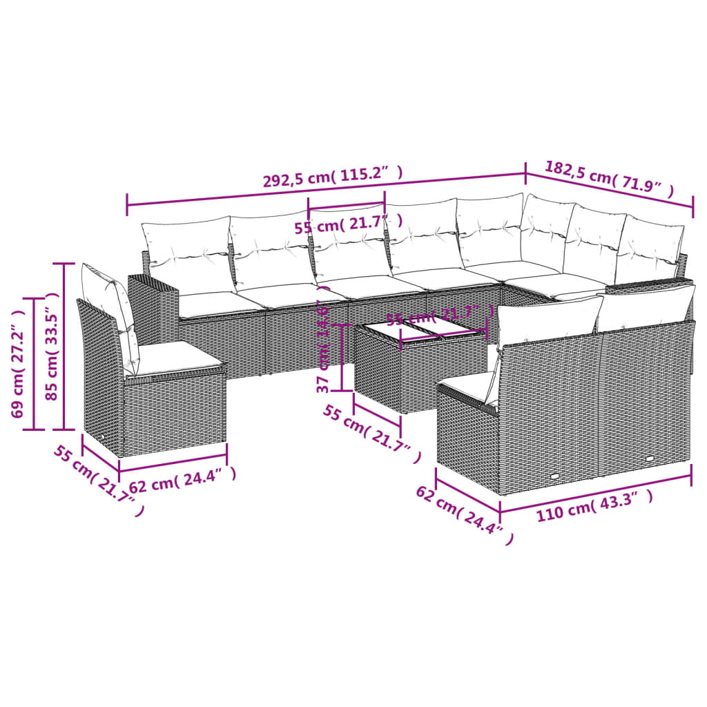 11-tlg. Garten-Sofagarnitur mit Kissen Hellgrau Poly Rattan