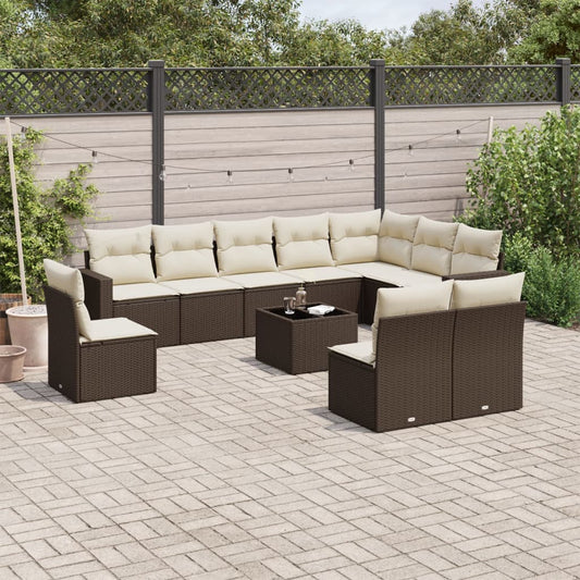 11-tlg. Garten-Sofagarnitur mit Kissen Braun Poly Rattan