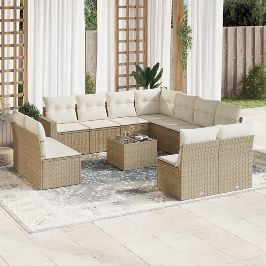 12-tlg. Garten-Sofagarnitur mit Kissen Beige Poly Rattan