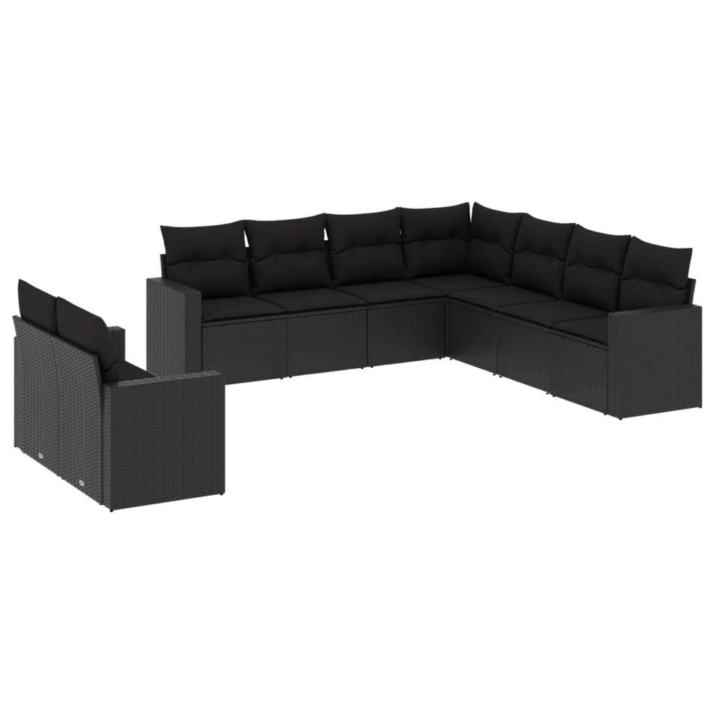 9-tlg. Garten-Sofagarnitur mit Kissen Schwarz Poly Rattan