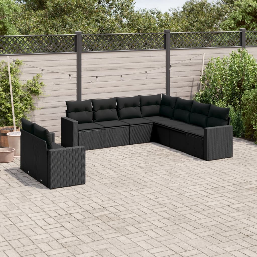 9-tlg. Garten-Sofagarnitur mit Kissen Schwarz Poly Rattan