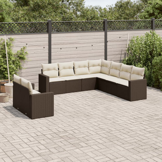 9-tlg. Garten-Sofagarnitur mit Kissen Braun Poly Rattan