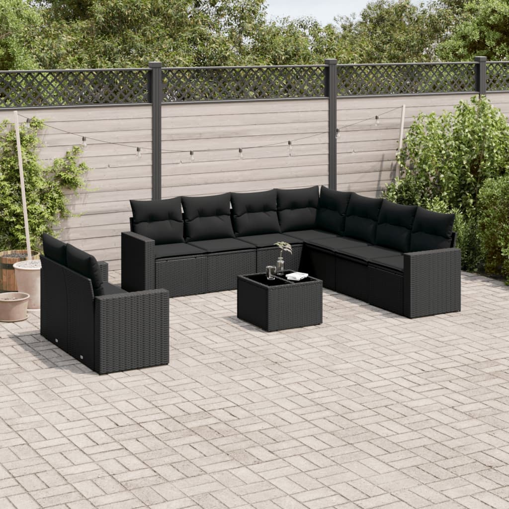 10-tlg. Garten-Sofagarnitur mit Kissen Schwarz Poly Rattan