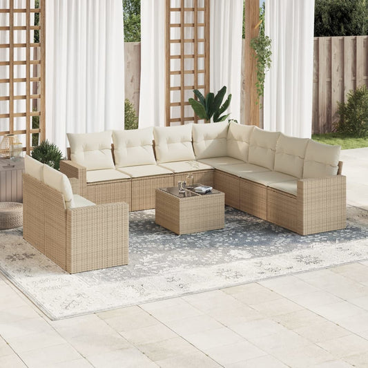 10-tlg. Garten-Sofagarnitur mit Kissen Beige Poly Rattan