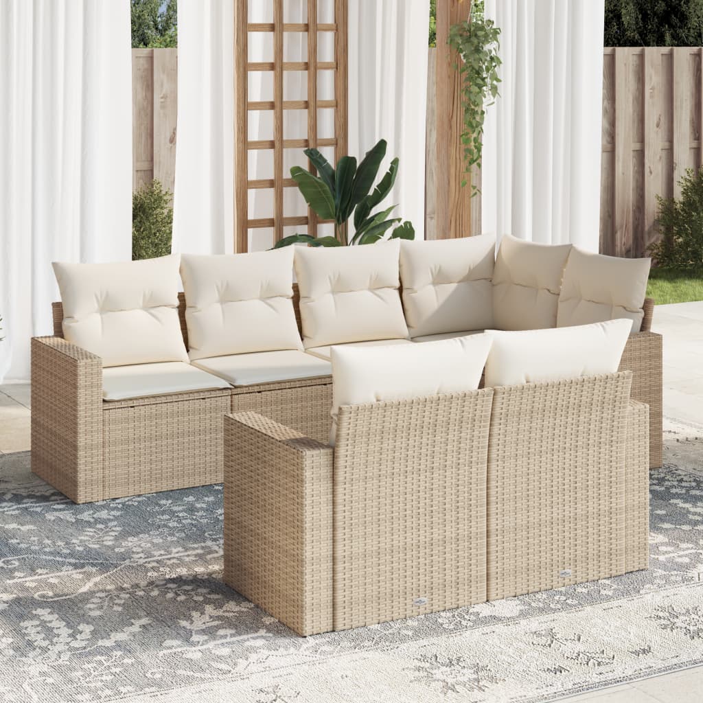 7-tlg. Garten-Sofagarnitur mit Kissen Beige Poly Rattan