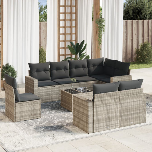 9-tlg. Garten-Sofagarnitur mit Kissen Hellgrau Poly Rattan