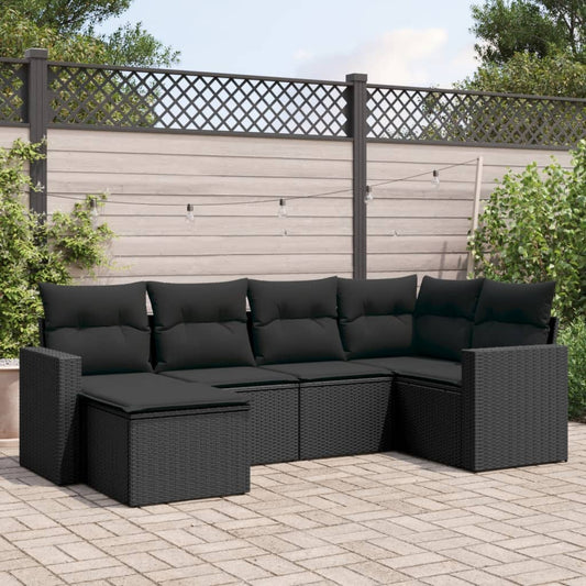 6-tlg. Garten-Sofagarnitur mit Kissen Schwarz Poly Rattan