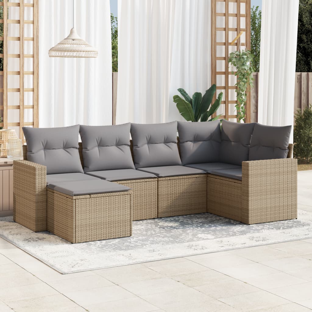 6-tlg. Garten-Sofagarnitur mit Kissen Beige Poly Rattan