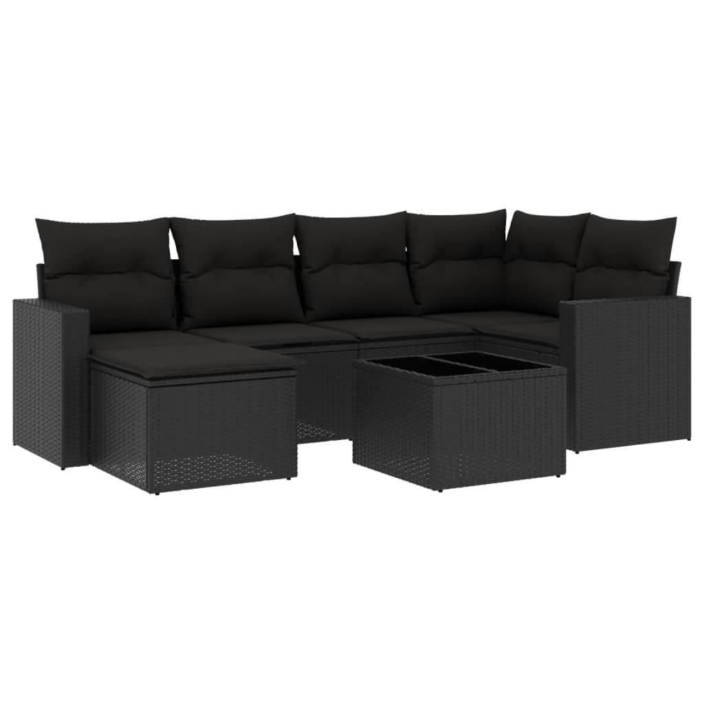 7-tlg. Garten-Sofagarnitur mit Kissen Schwarz Poly Rattan