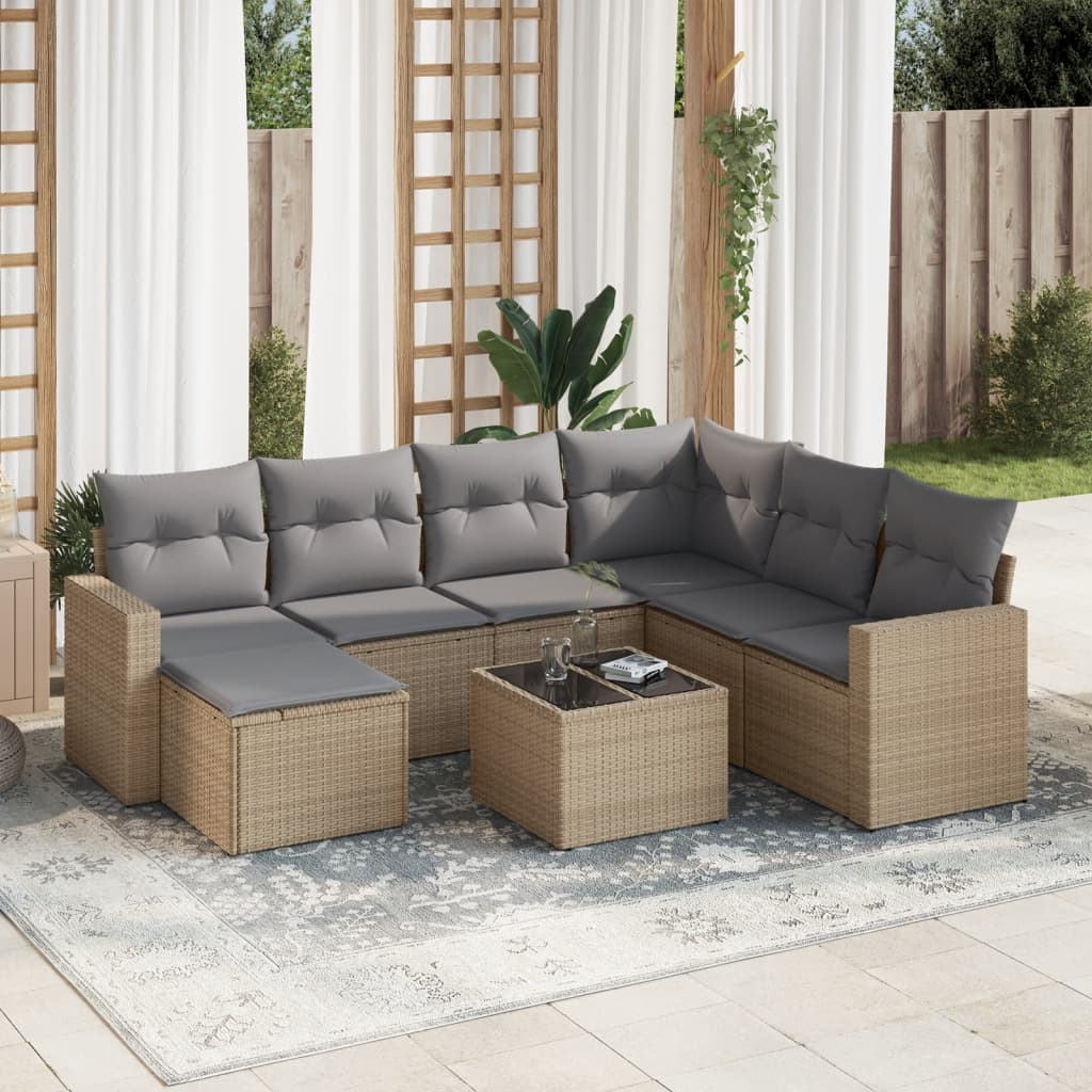 8-tlg. Garten-Sofagarnitur mit Kissen Beige Poly Rattan