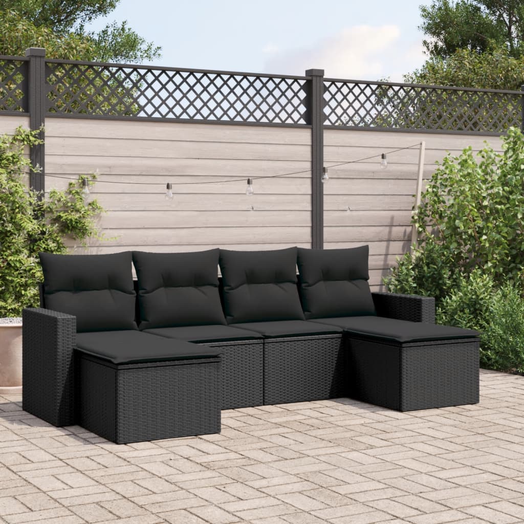 6-tlg. Garten-Sofagarnitur mit Kissen Schwarz Poly Rattan