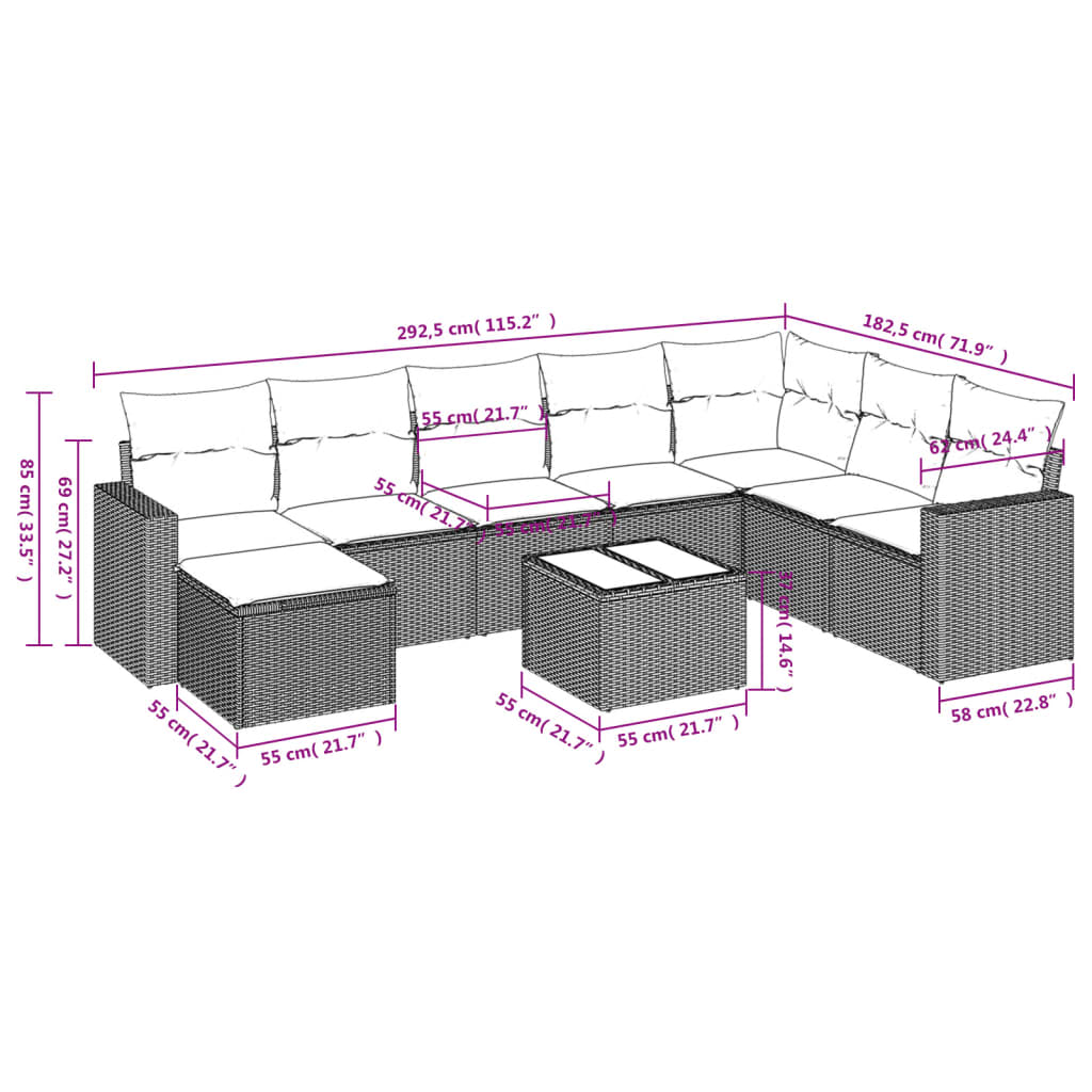 9-tlg. Garten-Sofagarnitur mit Kissen Hellgrau Poly Rattan