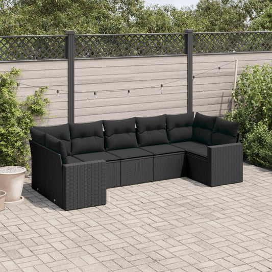 7-tlg. Garten-Sofagarnitur mit Kissen Schwarz Poly Rattan