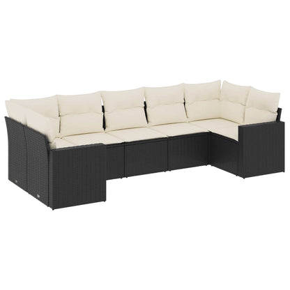 7-tlg. Garten-Sofagarnitur mit Kissen Schwarz Poly Rattan