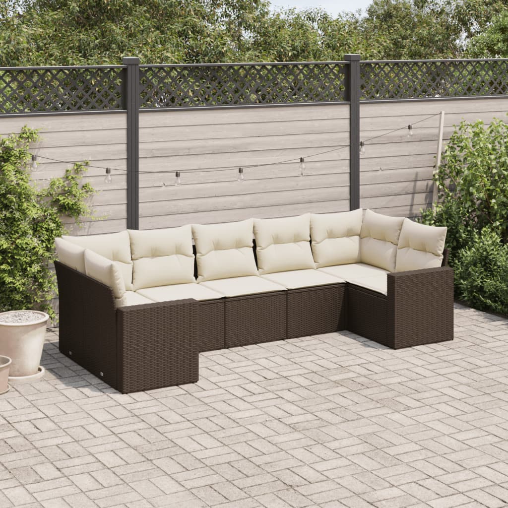 7-tlg. Garten-Sofagarnitur mit Kissen Braun Poly Rattan