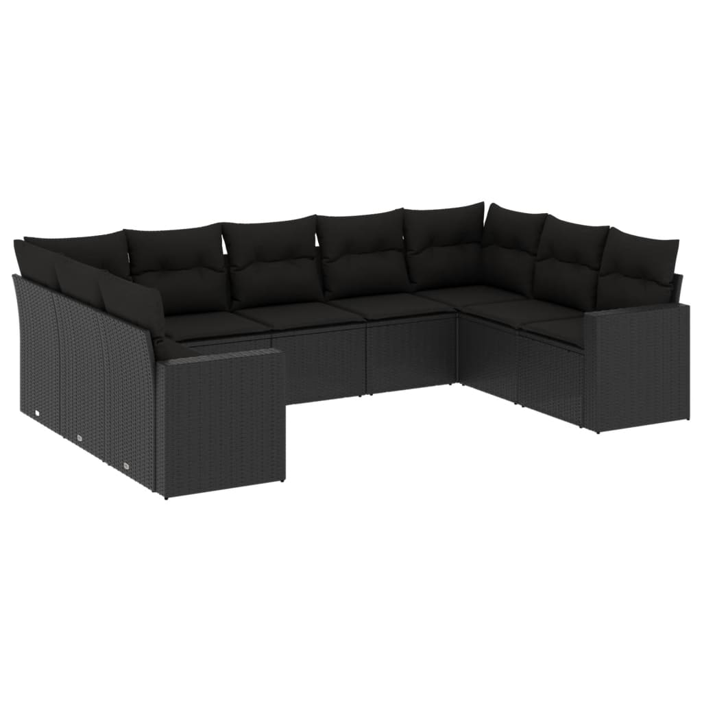 9-tlg. Garten-Sofagarnitur mit Kissen Schwarz Poly Rattan