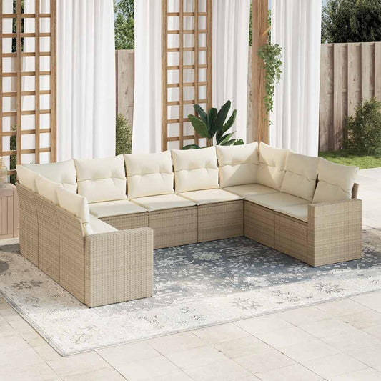 9-tlg. Garten-Sofagarnitur mit Kissen Beige Poly Rattan