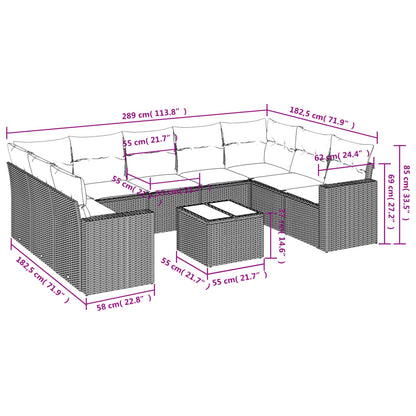 10-tlg. Garten-Sofagarnitur mit Kissen Grau Poly Rattan