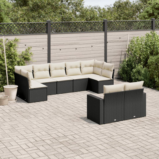 9-tlg. Garten-Sofagarnitur mit Kissen Schwarz Poly Rattan