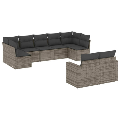 9-tlg. Garten-Sofagarnitur mit Kissen Grau Poly Rattan