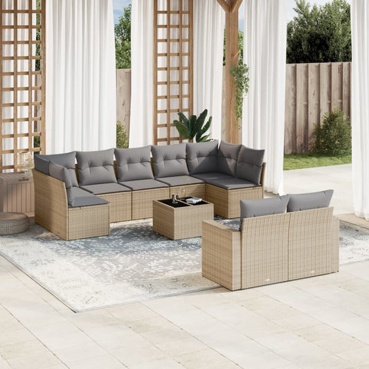 10-tlg. Garten-Sofagarnitur mit Kissen Beige Poly Rattan