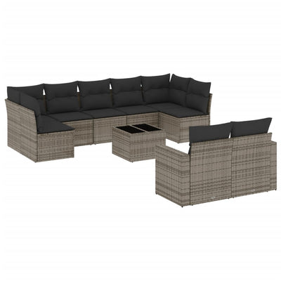 10-tlg. Garten-Sofagarnitur mit Kissen Grau Poly Rattan