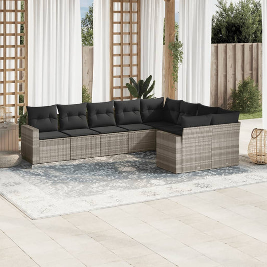 9-tlg. Garten-Sofagarnitur mit Kissen Hellgrau Poly Rattan