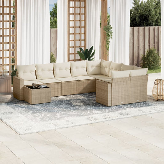 10-tlg. Garten-Sofagarnitur mit Kissen Beige Poly Rattan