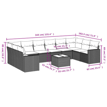 11-tlg. Garten-Sofagarnitur mit Kissen Schwarz Poly Rattan