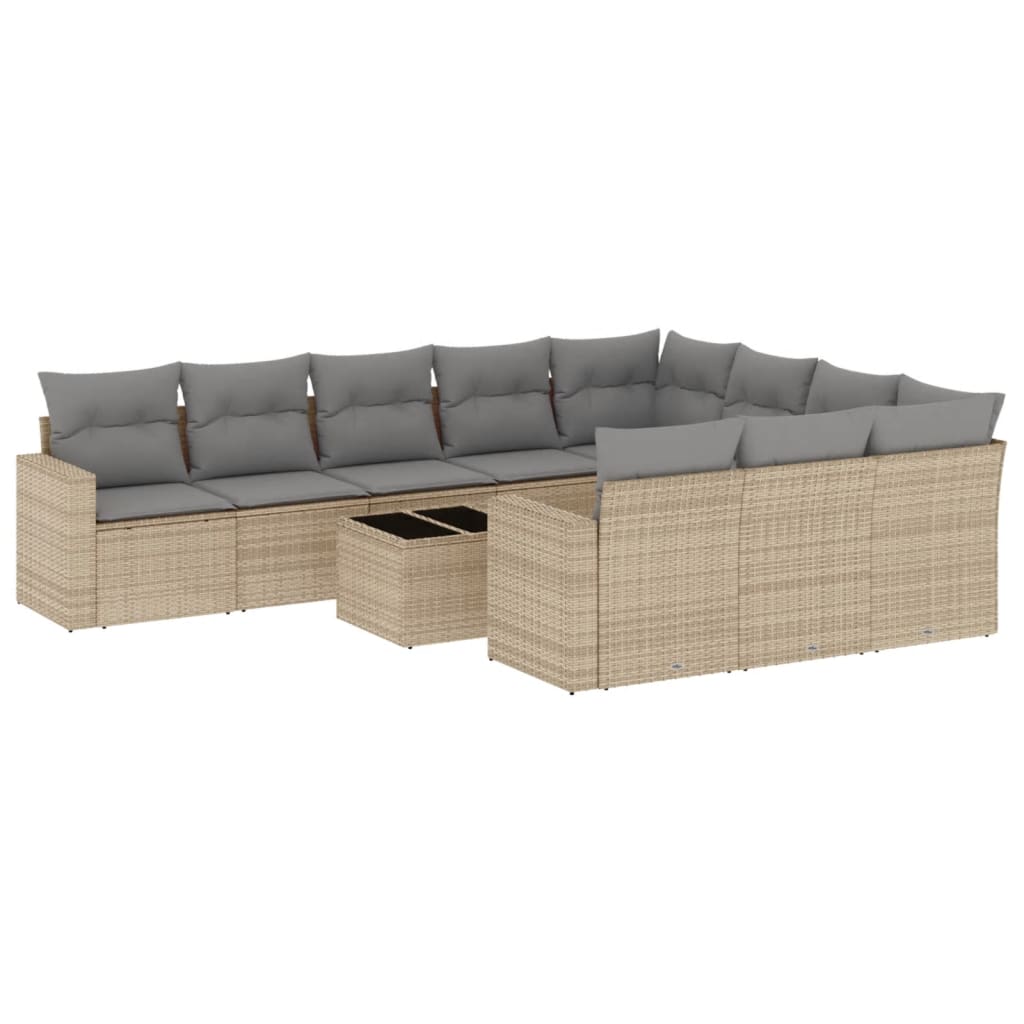 11-tlg. Garten-Sofagarnitur mit Kissen Beige Poly Rattan