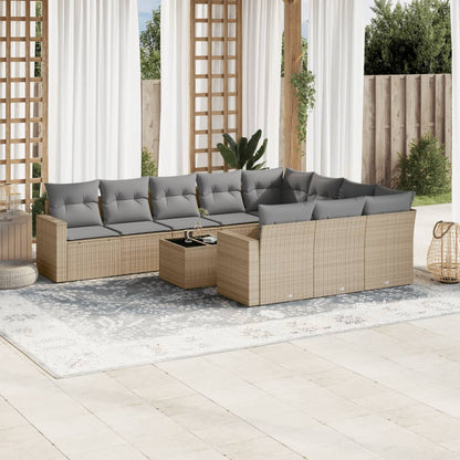 11-tlg. Garten-Sofagarnitur mit Kissen Beige Poly Rattan