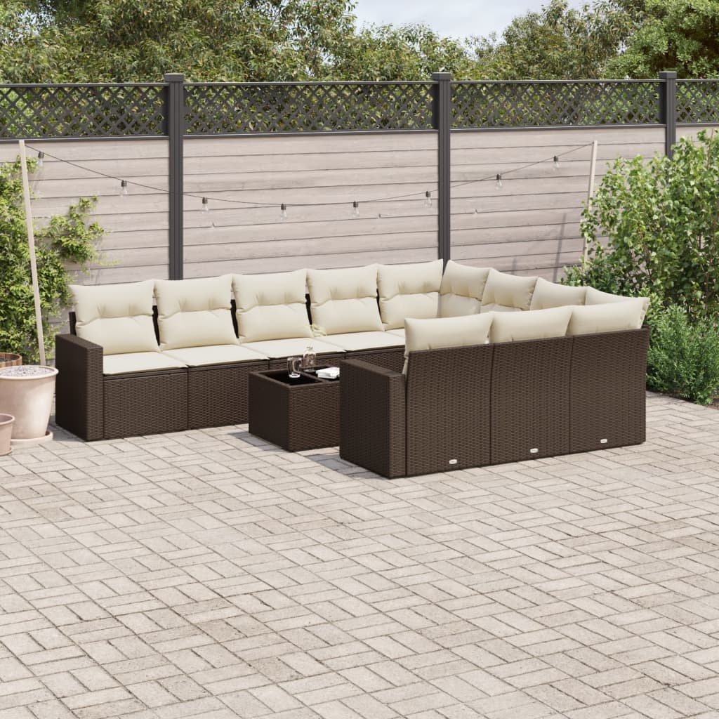 11-tlg. Garten-Sofagarnitur mit Kissen Braun Poly Rattan